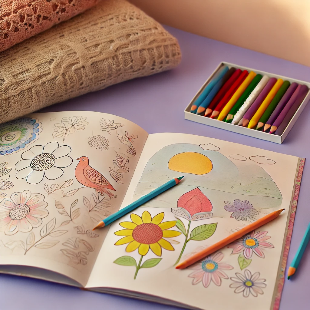 Open dementia colouring book with simple patterns, surrounded by coloured pencils in a calm and relaxing environment.