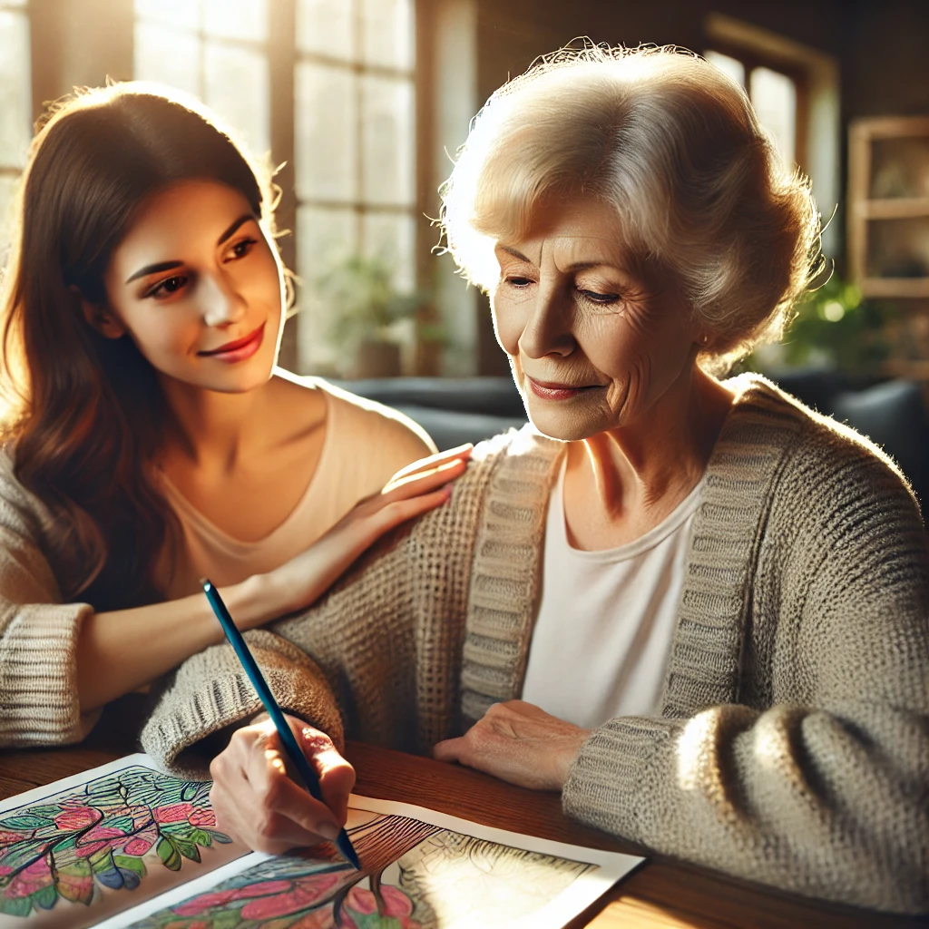 An elderly woman with dementia sits at a wooden table, colouring a simple illustration, while a caregiver gently assists her, both lit by soft, natural sunlight from a nearby window