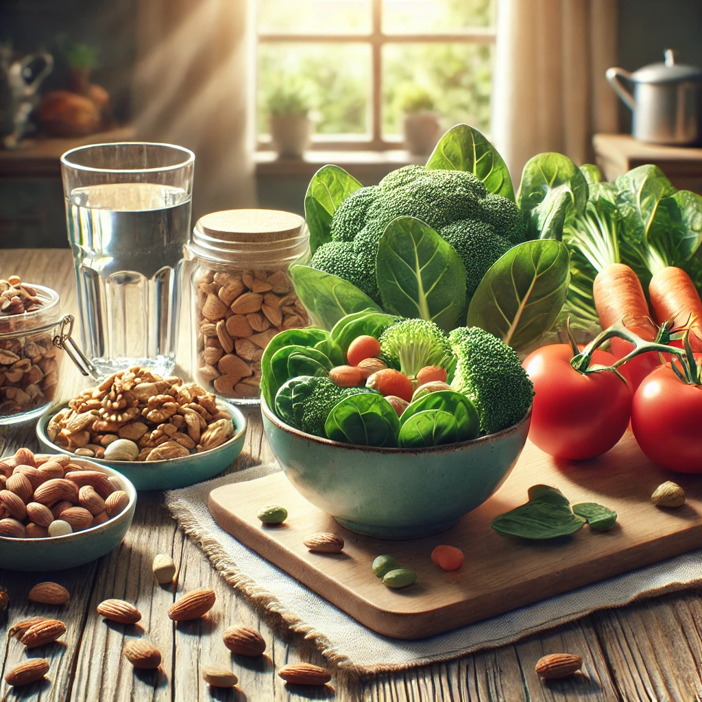 Fresh, brain-healthy ingredients arranged on a rustic wooden table in natural sunlight, featuring nutrient-rich alternatives to foods that may impact cognitive health