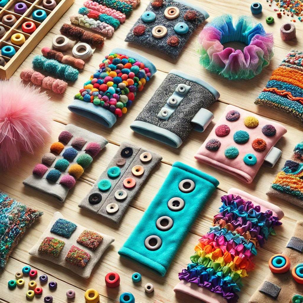 Colorful collection of sensory fidget items including decorated fabric cuffs, buttons, pom-poms, and textured elements arranged on a wooden surface, designed for dementia care.