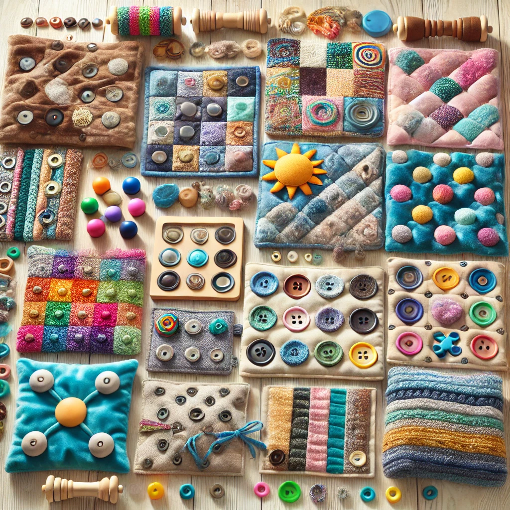 Overhead view of tactile sensory pads featuring buttons, quilted patterns, and varied textures, with wooden spools and loose elements arranged on a wooden surface for dementia care.